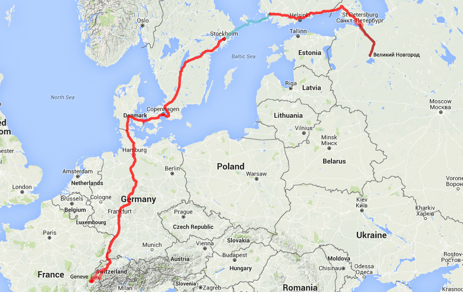 GPS трек с поездки из Великого Новгорода в Женеву