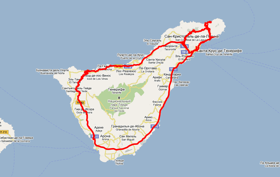 Карта поездки на север острова Тенерифе (Tenerife)