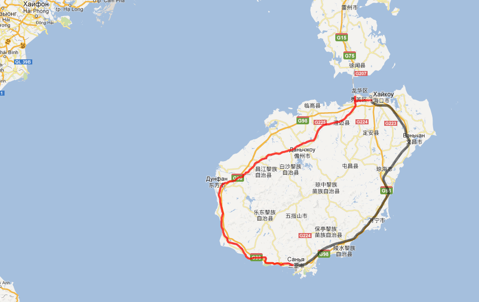 Железные дороги острова Хайнань. Черный - высокоскоростное восточное полукольцо. Красный - западное полукольцо.