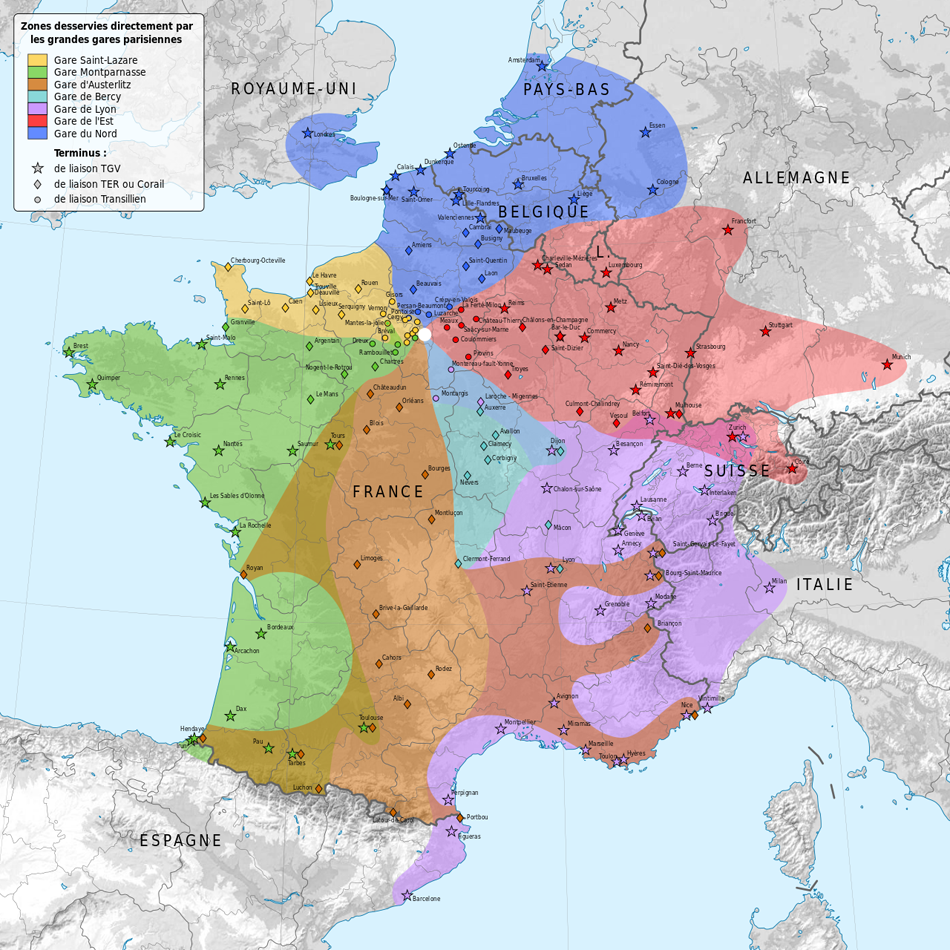 Разделение регионов по вокзалам Парижа. Источник: Википедия.