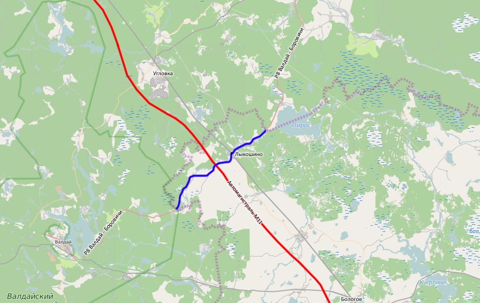 Синим цветом выделен участок автодороги Р8 на проходящий территории тверской области.