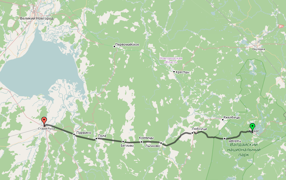 Карта участка железной дороги от Валдай до Старой Руссы.
